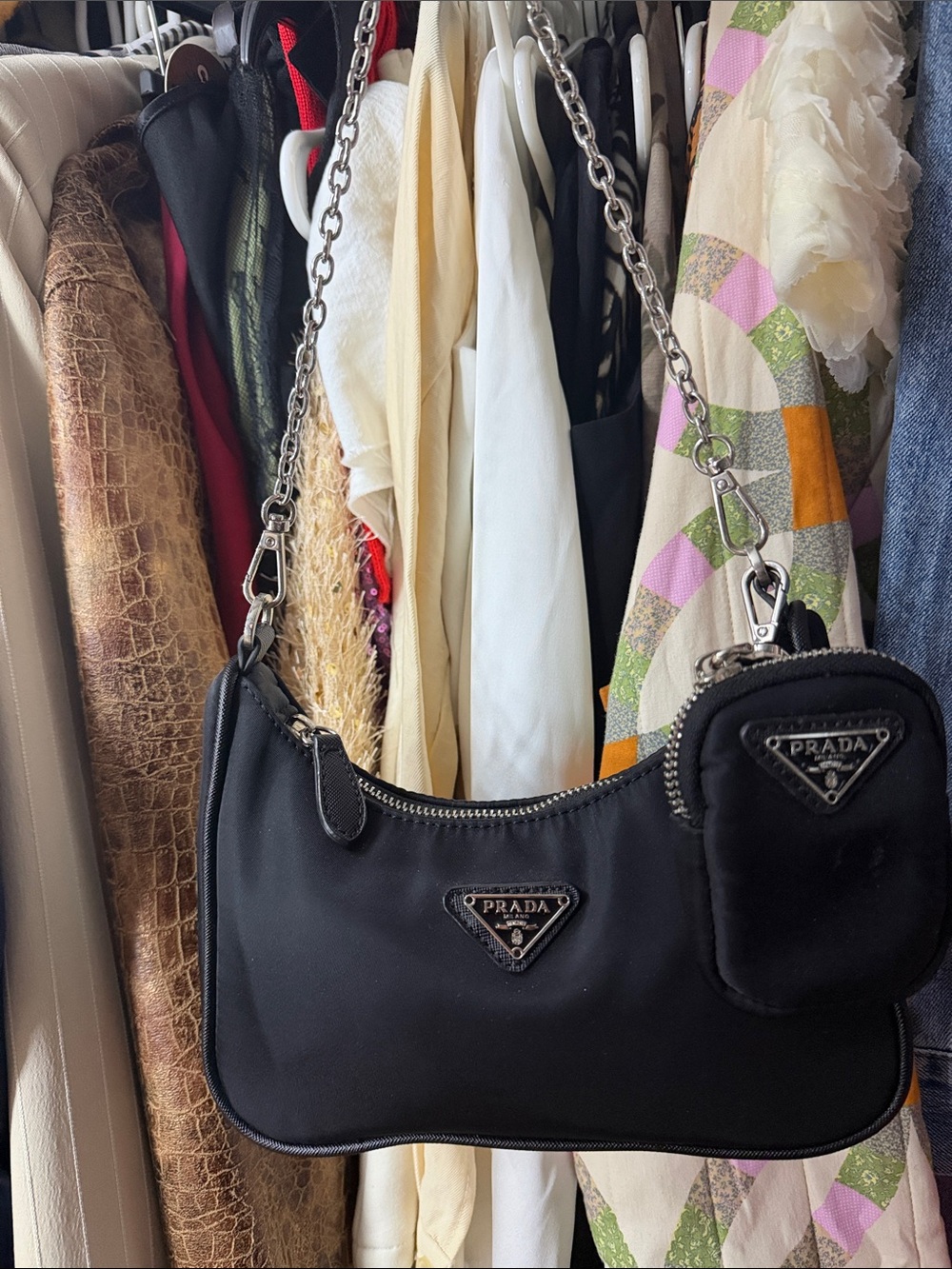 Black Nylon Shoulder Bag with Silver Chain Strap and Pouch